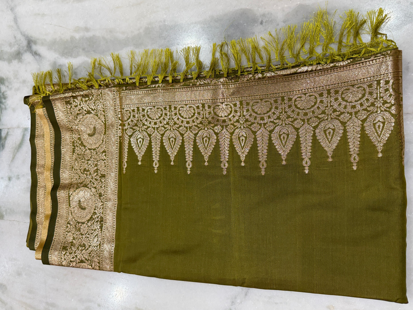 Kaya Kalpo Olive Green Satin Crepe Silk Saree | Gold Zari Woven Pallu & Border | Festive & Bridal Wear