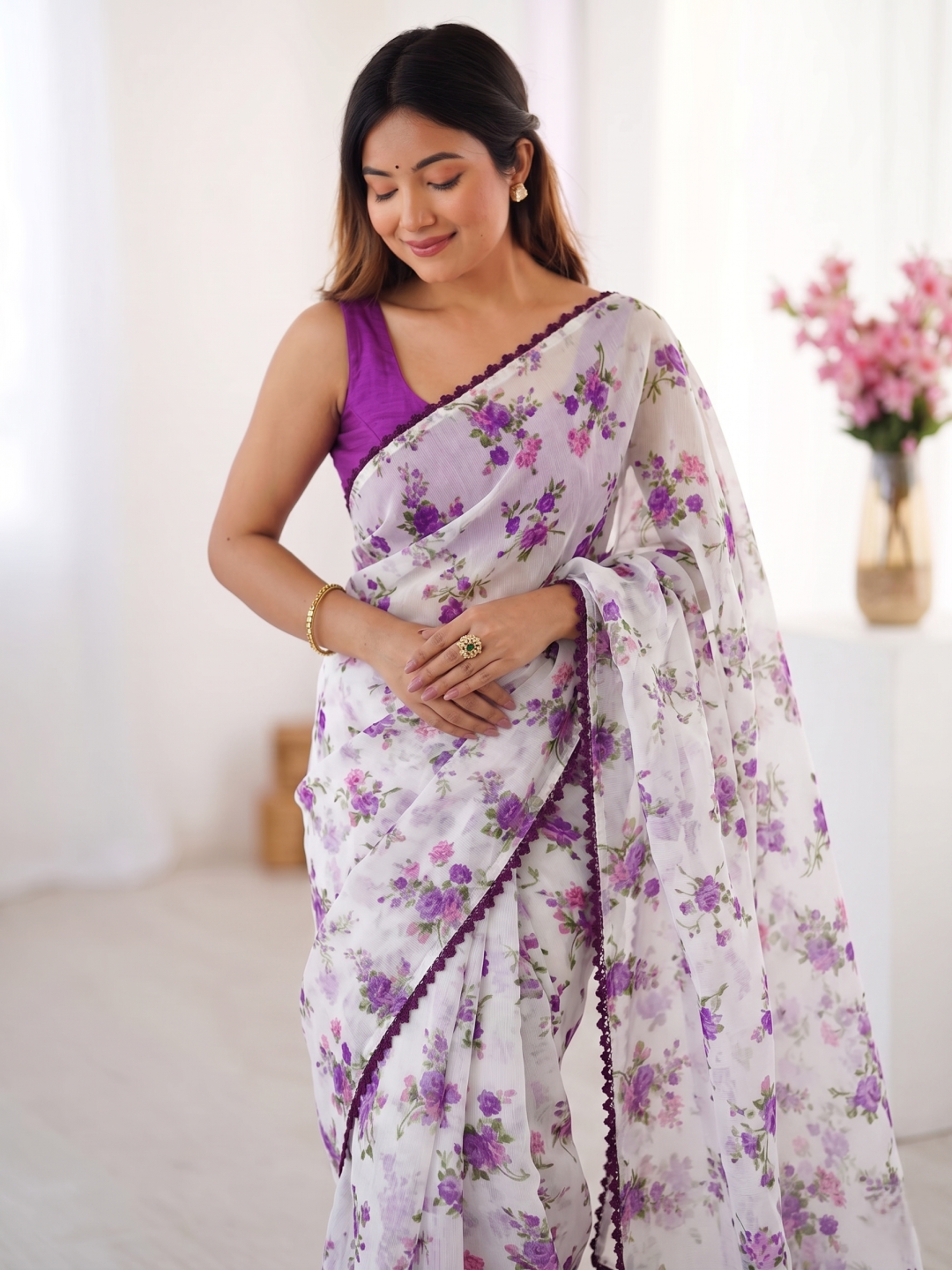 White Soft Chiffon Saree with Purple Floral Print and Lace Border – Contrast Magenta Blouse