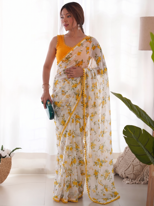 White Soft Chiffon Saree with Digital Floral Print and Yellow Lace Border – Contrast Mustard Blouse