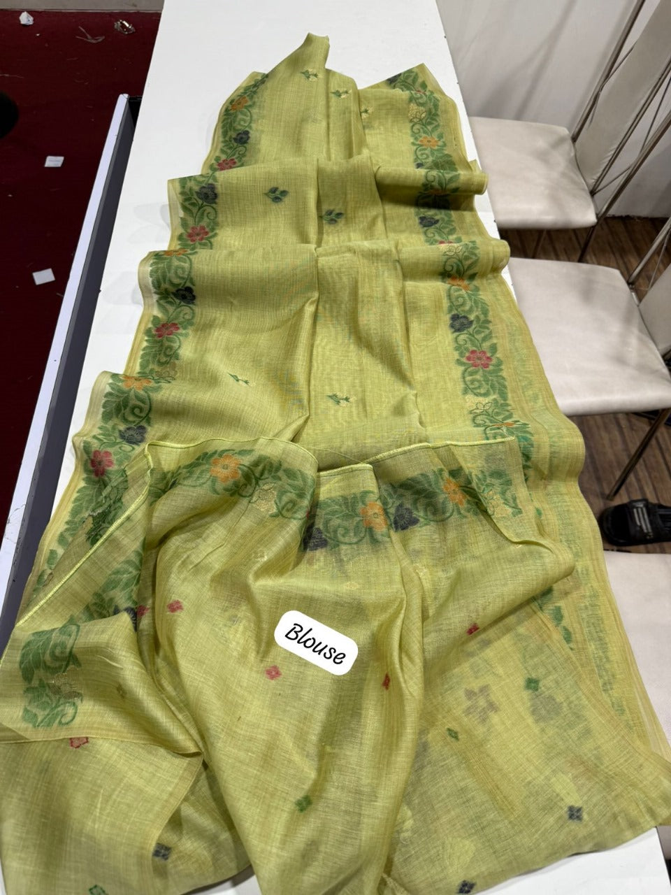 Lime Green Handloom Saree with Fine Weaving Floral Border – Lightweight Body-Hugging Drape