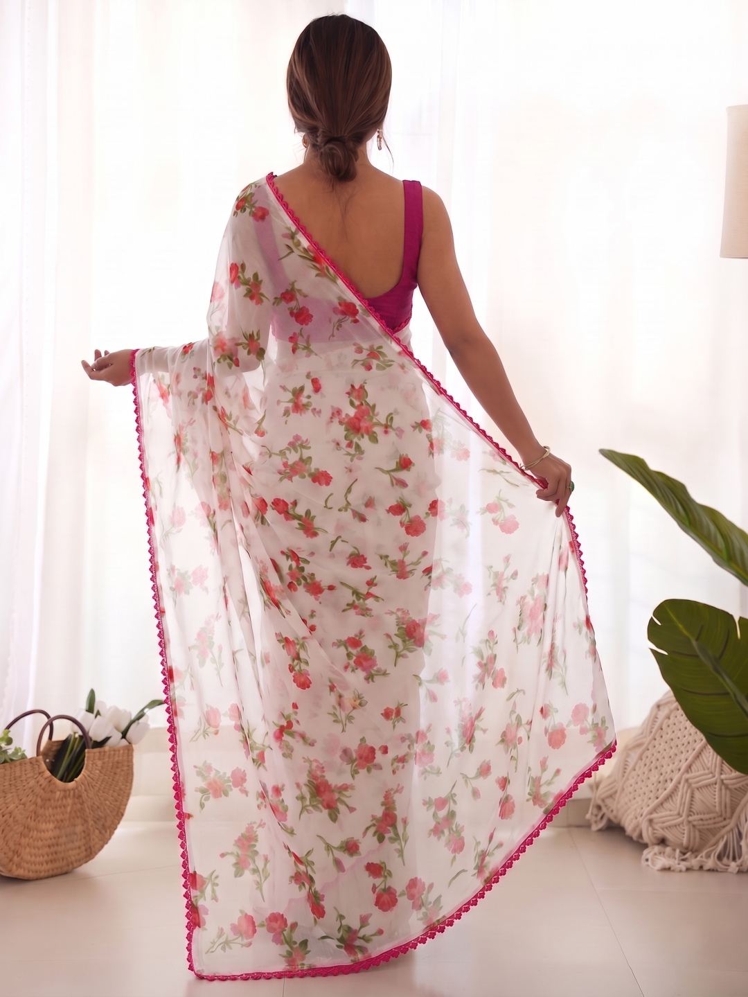 White Soft Chiffon Saree with Rose Floral Print and Pink Lace Border – Contrast Red Blouse