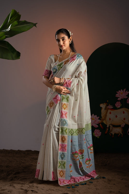 Off-White Handloom Saree with Digital Weaving Geometric Border – Floral Pallu Design