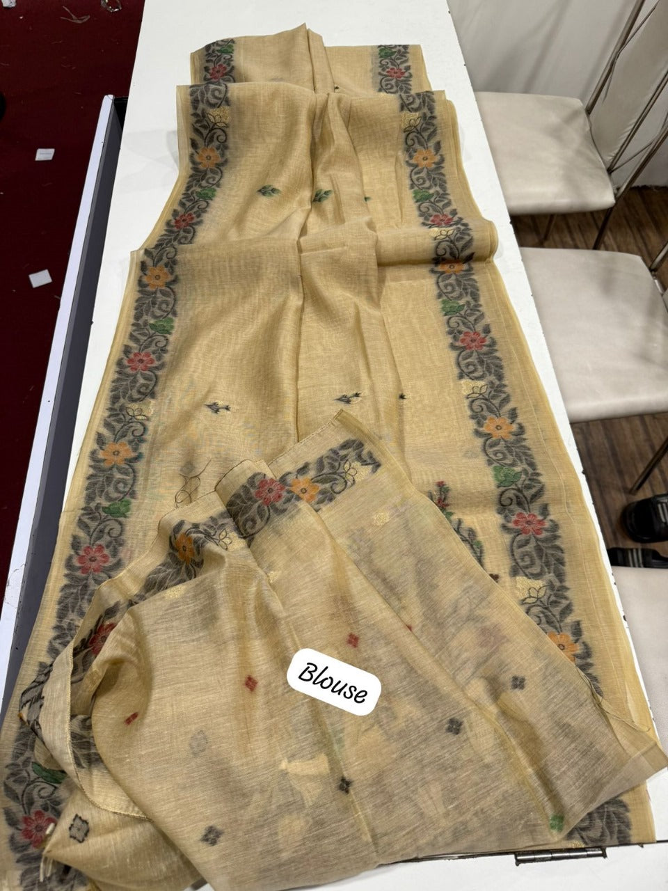 Beige Handloom Saree with Fine Machine Weaving Floral Border