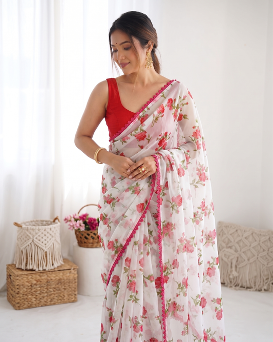 White Soft Chiffon Saree with Rose Floral Print and Pink Lace Border – Contrast Red Blouse