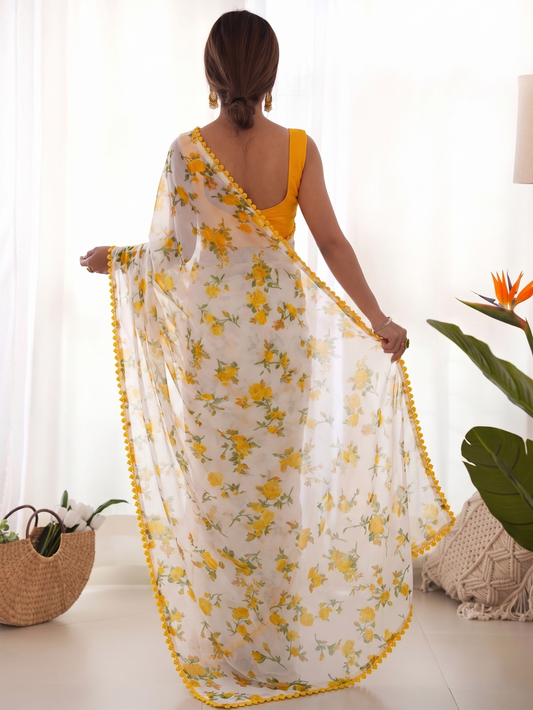 White Soft Chiffon Saree with Digital Floral Print and Yellow Lace Border – Contrast Mustard Blouse